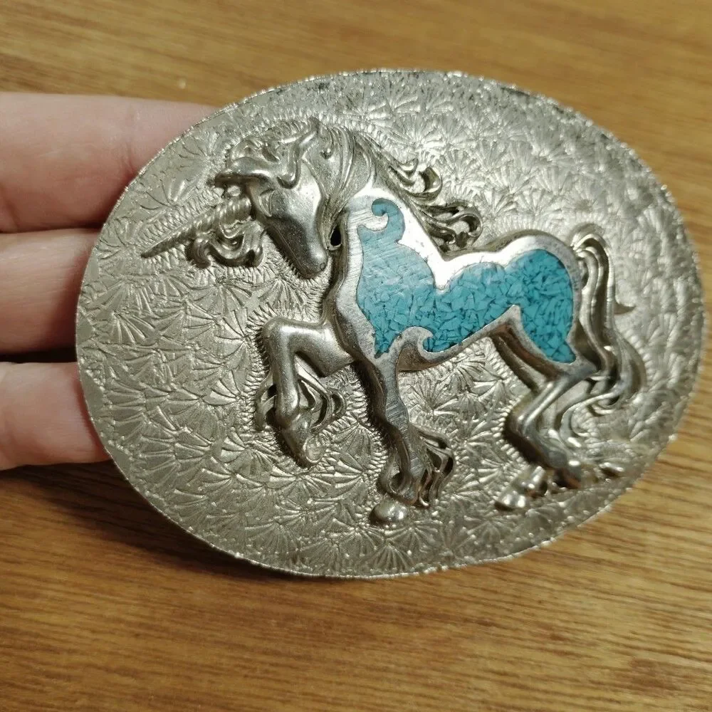 Vintage Unicorn Turquoise Chip Inlay Oval Belt Buckle Silver Tone Mystical Magic